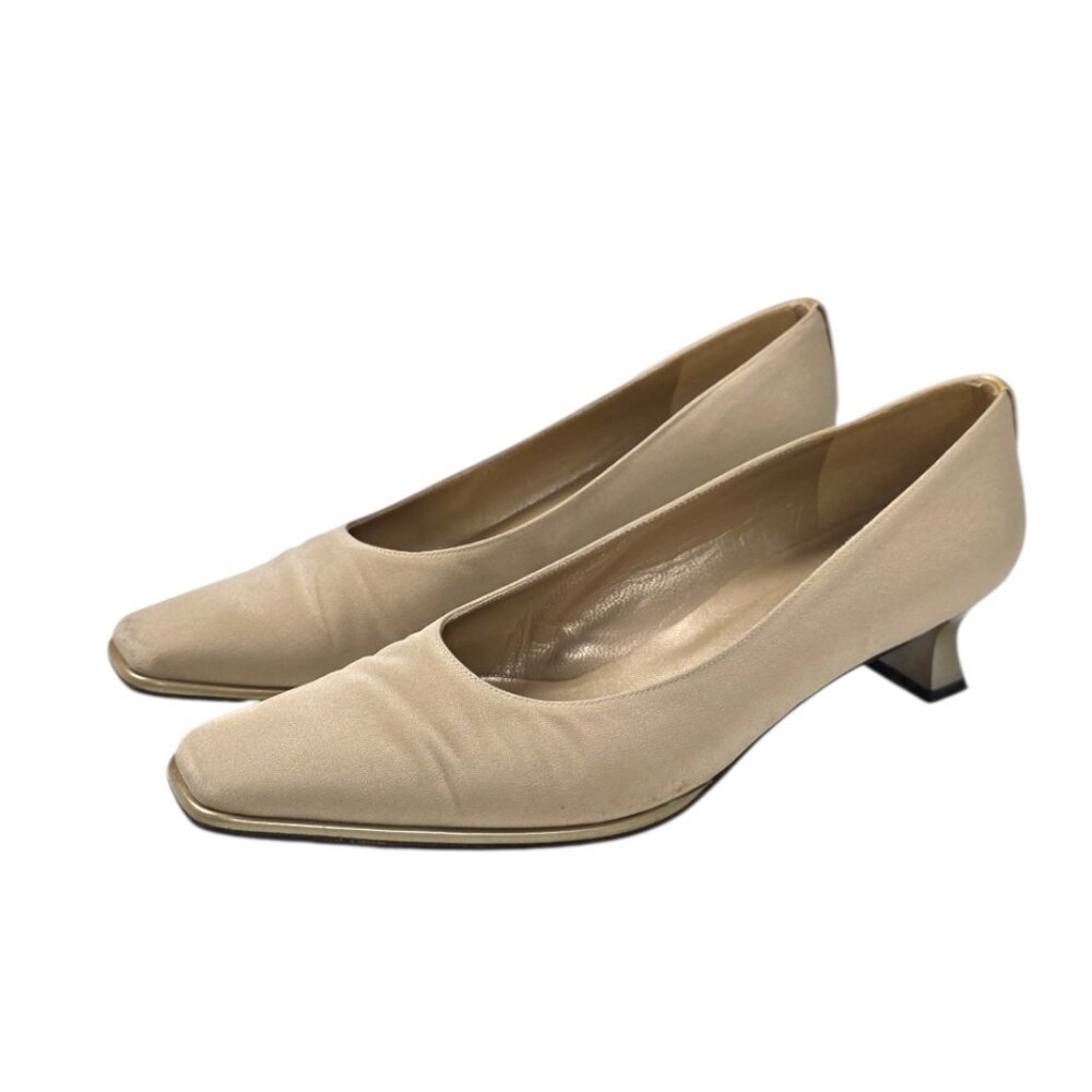 Stuart Weitzman Vintage Taupe Fabric Heels, Square Toe, Kitten Heel, Size 9.5B